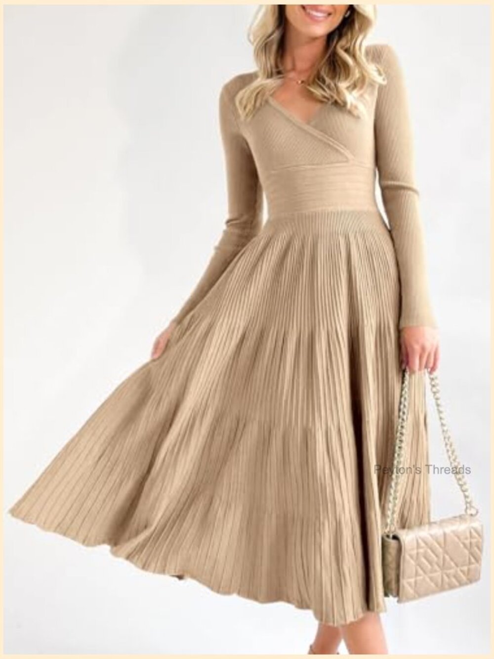 Long Sleeve Midi Sweater Dress Wrap V Neck Pleated A Line Fit Flare Knit Maxi - Picture 2 of 7